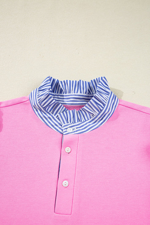 Contrast Striped Collar Patchwork Puff Sleeve Ruffle Hem Mini Dress